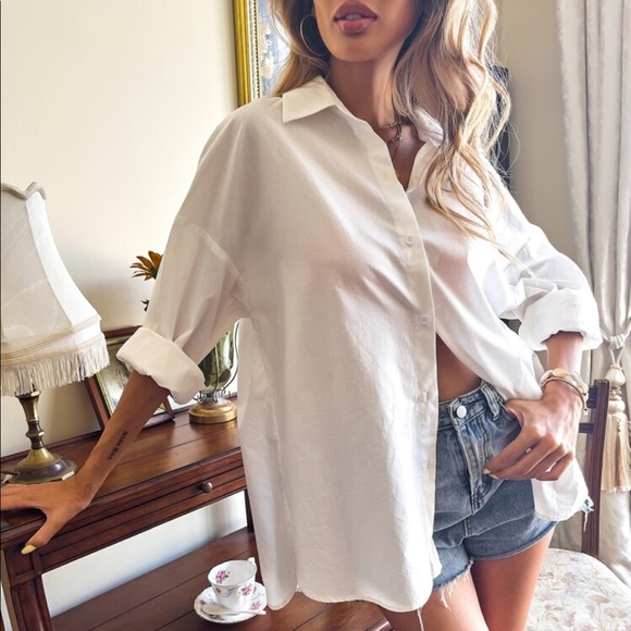 Open Back Cuff Sleeve Button Up Shirt Top Blouse - Picture 5 of 7